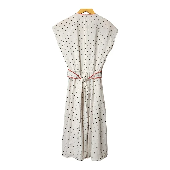 Vintage White Pin Up Polka Dot Belted Dress With Buttons Red Trim - Picture 3 of 10